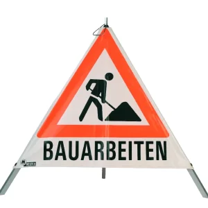 Warnpyramide, leicht, Beschriftung: Bauarbeiten, Zeichen: Bauarbeiter, Seitenlänge 90 cm, retroreflektierend weiß
