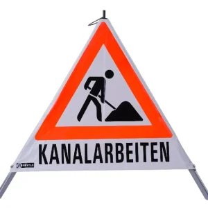 Warnpyramide, Faltsignal, schwer, Beschriftung: Kanalarbeiten, Zeichen: Bauarbeiter, Seitenlänge 90 cm, tagesleuchtend weiß