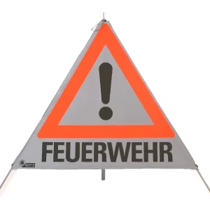 Warnpyramide, Faltsignal, Beschriftung: Feuerwehr, Zeichen: Ausrufezeichen (VZ101), Seitenlänge 70 cm, retroreflektierend weiß