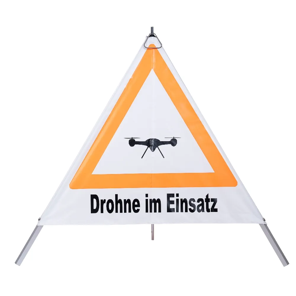 Warnpyramide, Faltsignal, schwer, Beschriftung: Drohne im Einsatz, Zeichen: Drohne, Seitenlänge 90 cm, retroreflektierend weiß